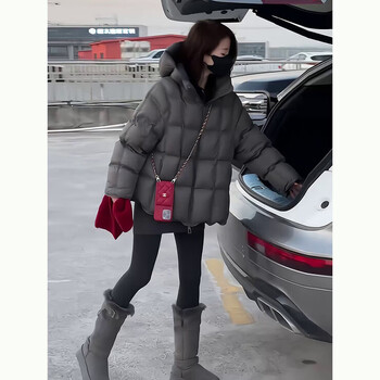 Playboy (playboy) puff turtle back plaid gray short down jacket for women 2026 winter new white duck down hooded bread jacket official flagship gray m 121-150 catties