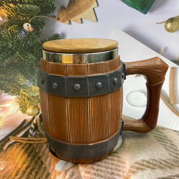Yusenyi big belly imitation leather wooden barrel cup double-layer beer mug home draft beer cup men's mug wooden barrel cup + lid 550-600l