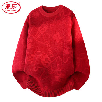 Langsha new year red sweater men's zodiac year clothes round neck loose thick warm bottoming shirt winter 2026 year of the horse knitted red 3xl