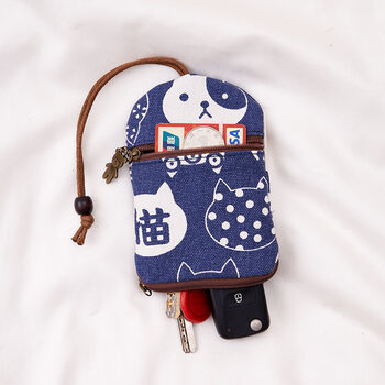 Creative canvas key bag pull-out women's compact mini cartoon card holder two-in-one car key protective cover blue cloth cat double zipper