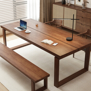 Pupan desk pure solid wood dining table integrated large board long table home office desk workbench living room study table 140 desk + 2 hiroshima chairs + 140 bench