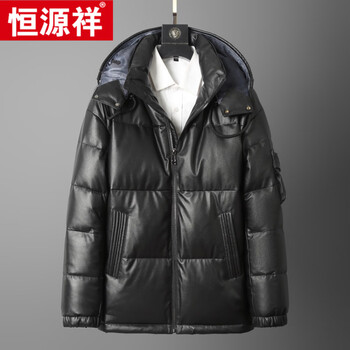 Hengyuanxiang new genuine leather down jacket men's hooded mid-length leather jacket sheepskin goose down jacket thickened warm jacket black m