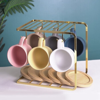 Tuojin jingdezhen ceramics simple color matte coffee cup mug breakfast cup couple water cup nordic set cup 6 sets + iron cup holder_(including coaster_wooden spoon)