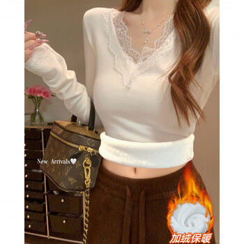 Hengyuanxiang autumn and winter lace v-neck plus velvet thickened long-sleeved bottoming shirt for women large size slim fit german velvet inner warm t-shirt top brand white plus velvet thickened 3xl size 160-180 catties