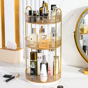 Yusenyi bathroom rotating luxury cosmetics toilet dressing table desktop lipstick skin care product storage box bathroom rack lightweight three-layer 360 rotating amber gold round large capacity storage rack