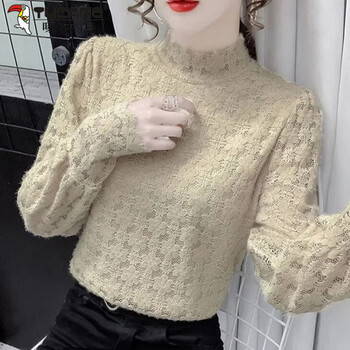 Woodpecker half turtle collar plus velvet thickened lace shirt women's bottoming western style inner shirt 2026 autumn and winter fashionable temperament top 2227# layer khaki thin s