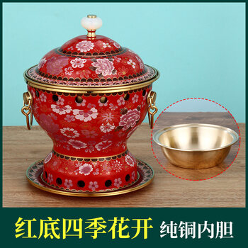 Tuojin imported quality cloisonné copper hot pot from germany, high-end single-person small hot pot, one person, one pot, small copper pot, pure copper thickening, extra-thick red bottom, four-season flowers blooming, pure copper liner _ free 6-piece set 1 inch