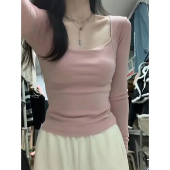 Hengyuan xiangde velvet square neck long sleeve t-shirt women's underwear for autumn and winter thickened soft waxy hot girl sexy bottoming shirt warm top spring brand pink double-sided velvet s