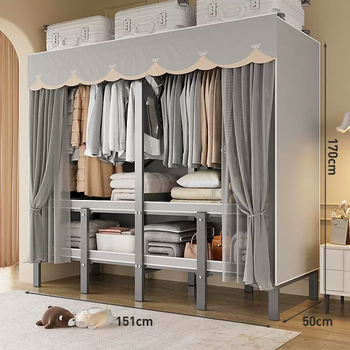 Yusen yifeng cream cloth thickened home bedroom rental wardrobe metal folding thickened wardrobe simple storage cabinet free of installation long 1.51 meter butterfly shadow gray strong and durable.