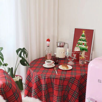 Fantasy plaid tablecloth atmosphere tassel tablecloth new year atmosphere decorative tablecloth red plaid cotton and linen + new tassel lace 60x90cm