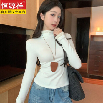 Hengyuanxiang this year's new half-high collar lace brushed long-sleeved t-shirt for women, winter temperament, base layer, warm top, white s (80-95 pounds)