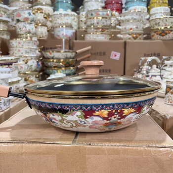 Tuojin german imported quality 31cm enamel enamel wok flourishing treasure wok uncoated thickened non-stick wok wooden handle wok_treasure 31cm