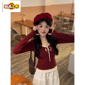 Chujing christmas outfit red fake two-piece knitted bottoming shirt women's bow tie slim fit short top new burgundy s