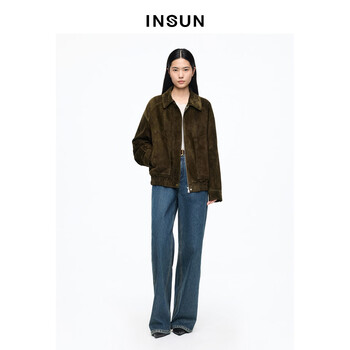Insun exclusively selects 2026 spring retro relaxed silhouette sheep leather short jacket army green s