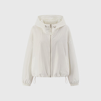 5+(fiveplus)five plus solid color hooded drawstring zipper jacket women's casual workwear short charge top white m (one size) (within 135 catties)