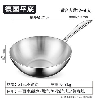 Tuojin german imported quality uncoated small wok stainless steel household 316l flat bottom induction cooker non-stick wok wok without lid 24cm