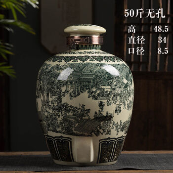 Tuojin japan imported quality jingdezhen ceramic wine jar antique antique wine jar faucet household sealed white wine jar 50 pounds green glaze qingming riverside picture wine jar non-porous base wine lift