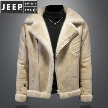 Jeep spirit fur all-in-one jacket men's 2025 winter velvet thickened leather jacket short motorcycle lamb wool silver lanmi m