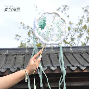 Fantasy fan, ribbon fan, hanfu photo taking, dancing fan, ancient costume, hand-held ancient fan, eight petals, fluffy green peony