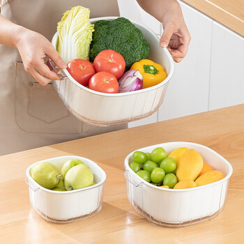 Home katei story japanese vegetable basket drain basket plastic double-layer vegetable basin kitchen drain basket fruit basket thickened leaky basin white medium size 1 set (double-layer)