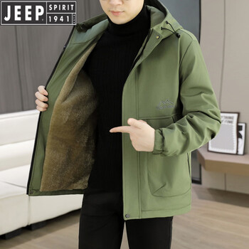Jeep jeep plus velvet thickened hooded jacket men's autumn and winter new design warm and cold-proof cotton coat casual military green m suitable for 80-100 pounds