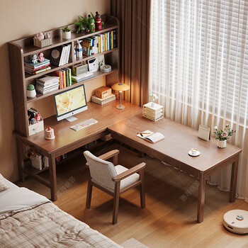 Huixun solid wood computer desk desk bookshelf integrated corner desk bedroom study student writing desk home workbench walnut color #desk + bookshelf 140cm*60cm*186cm auxiliary seat length 120cm