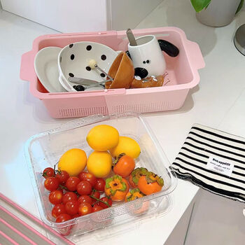 Fantasy kitchen vegetable basket drain double-layer hollow fruit basin household vegetable basin sink retractable for washing fruits and vegetables color matching retractable - pink