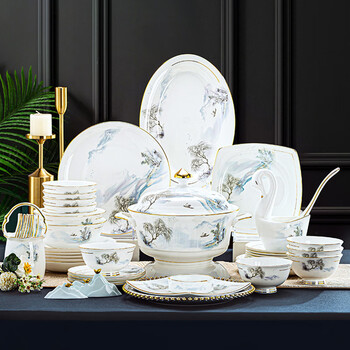 Mixi 2025 new jingdezhen ceramic tableware and dishes set home chinese style light luxury high-end housewarming gift 60-piece luxury set with rich pot