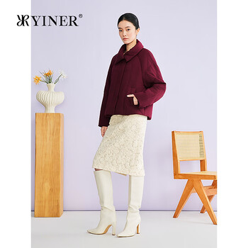 Yiner yiner 2026 spring new style flip-up collar twill texture short micro cocoon goose down jacket maroon s