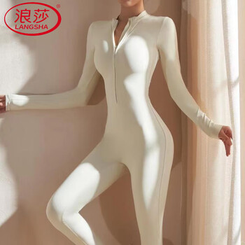 Langsha european and american zipper one-piece yoga clothes long-sleeved fitness sports jumpsuit women's jumpsuit outer wear white long-sleeved s around 85-100 pounds