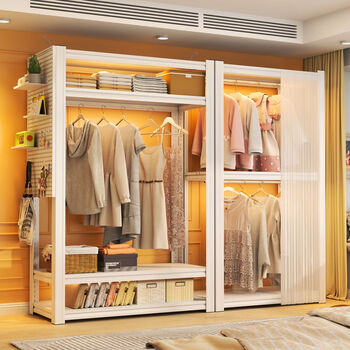 Fantasy shelf wardrobe curtain hole board clothes rack floor-standing storage rack storage rack white is sent by default when placing an order/please contact customer service for remarks if you need black. assembly