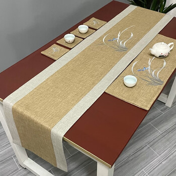 Yusenyi tea table cover long tea tablecloth tea cloth tea flag high-end tea table cloth high-end tea mat gray linen embroidery (orchid) one piece 32*120cm