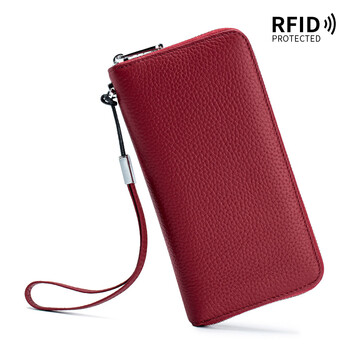 Ladies wallet long rfid first layer cowhide clutch soft leather wallet mobile phone bag men cross-border burgundy