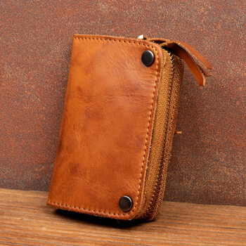 Slow-time first-layer vegetable tanned cowhide coin purse, handmade genuine leather key bag, card bag, multi-functional key bag for men and women, light brown