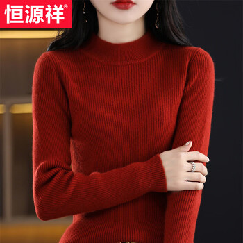 Hengyuanxiang double layer half turtleneck sweater for women 2026 winter new slim fit thickened knitted wool bottoming shirt top cherry red s 80-95