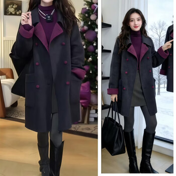 Fabric story luo fen women's fashionable and western style double-sided two-color wool mid-length coat + half-high collar brushed base t-shirt high-end gray jacket m