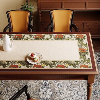 Fantasy retro dining table mat waterproof and oil-proof no-wash tablecloth mid-century green 2025 new light luxury high-end coffee table mat pc flower weft border 50x100cm