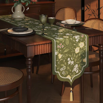 Fantasy style table runner tablecloth long coffee table flag cloth tv cabinet side cabinet cover cloth floral tea sea flower diamond rice tassel linen cloth 30x240cm (applicable to tabletop length 180200cm)