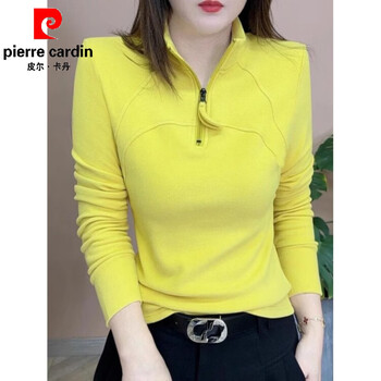 Pierre cardin double-sided german velvet zipper half turtleneck bottoming shirt for women, autumn and winter style warm small shirt with long-sleeved t-shirt top, yellow m, recommended within 100 pounds