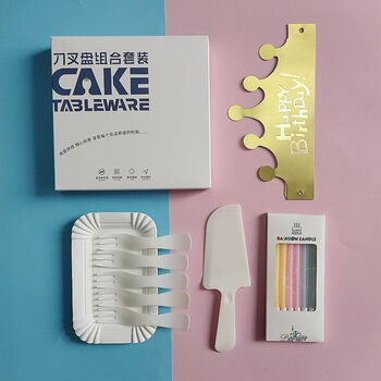 1+ customized cake plate, knife, fork and spoon set, disposable tableware plate, fork and saucer, birthday candle paper plate set, upgraded version, cake box, 5 servings, 100 sets