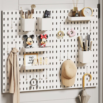 Wooden grid perforated board home entrance wall storage rack coat rack jewelry display rack plastic multi-functional 1 set perforated board package-white