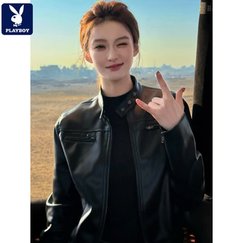 Playboy (playboy) cool and stylish short black leather jacket for women 2026 spring and autumn new motorcycle temperament jacket for small men, black, free hanger + dust bag s, direct hair from the source factory