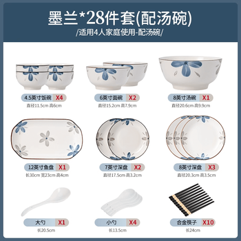 Tuojin underglaze color bowl for home use 2025 new move-in new home bowls, bowls, plates, chopsticks and dishes set household tableware set molan food for 4 people (with soup bowl) - high temperature underglaze color 28-piece set