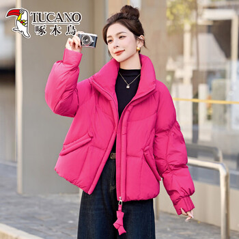 Woodpecker korean style short stand collar down jacket women's winter loose thickened warm little yellow bread jacket rose red hangzhou original s 80-110 jin