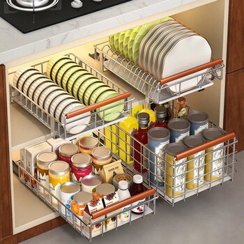Home baili kitchen pull-out dish storage rack cabinet built-in rack drawer-type dish rack pull basket for dishes and dishes drain rack solid stainless steel pull-out - mesh basket tall model * 2 pieces