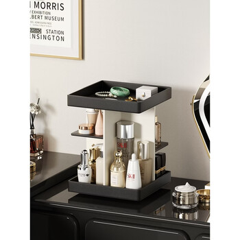 Fantasy cosmetics storage box desktop high-end new dressing table skin care products lipstick leather rotating storage rack black and white color 360 rotating cosmetics storage rack