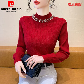 Pierre cardin bottoming shirt for women, fashionable autumn and winter new style, european style, high-end, heavy-duty, beaded collar, temperament knitted bottoming shirt, red s, recommended under 95 pounds