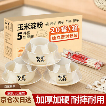 Youao disposable tableware set for 20 people, 5-piece set, bowls, chopsticks, spoons, cups and plates, no-wash new year red party food grade