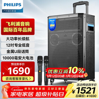Philips (philips) 12-inch square dance audio outdoor stage high-power mobile portable trolley speaker wireless bluetooth high-volume karaoke amplification with dual microphones sd170pro