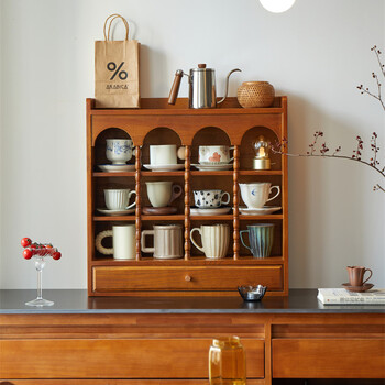 Yujiuxuan solid wood cup holder french retro dining table coffee cup storage rack water cup holder sideboard with drawer rack retro cup holder - 9 compartments + drawer (walnut color)